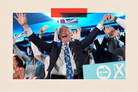 Jacob King/PA Wire Reform UK party leader Nigel Farage with his party's candidates onstage