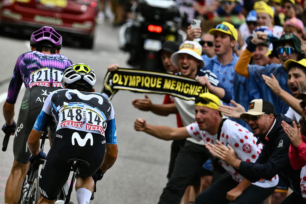 Team Jayco AlUla team's Australian rider Ben O'Connor and Movistar Team's Colombian rider Einer Rubio cycle in a breakaway in the ascent of Col de la Loze during the 18th stage of the 112th edition of the Tour de France cycling race, 171.5 km between Vif and Courchevel Col de la Loze, in the Alps, southeastern France, on July 24, 2025. (Photo by Marco BERTORELLO / AFP) (Photo by MARCO BERTORELLO/AFP via Getty Images)