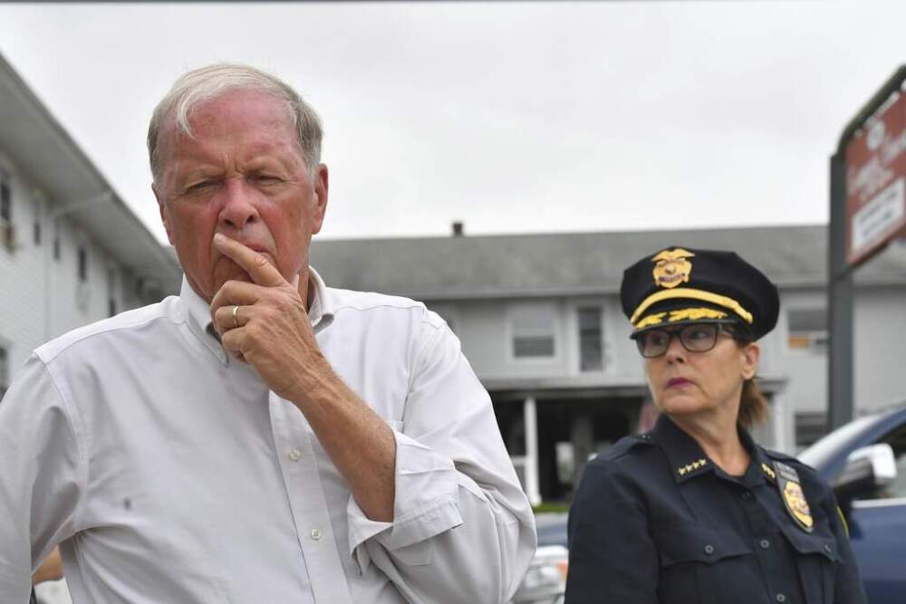 Fall River Mayor Paul Coogan faces reporters near the Gabriel House assisted living facility on Monday. (Steven Senne/AP)