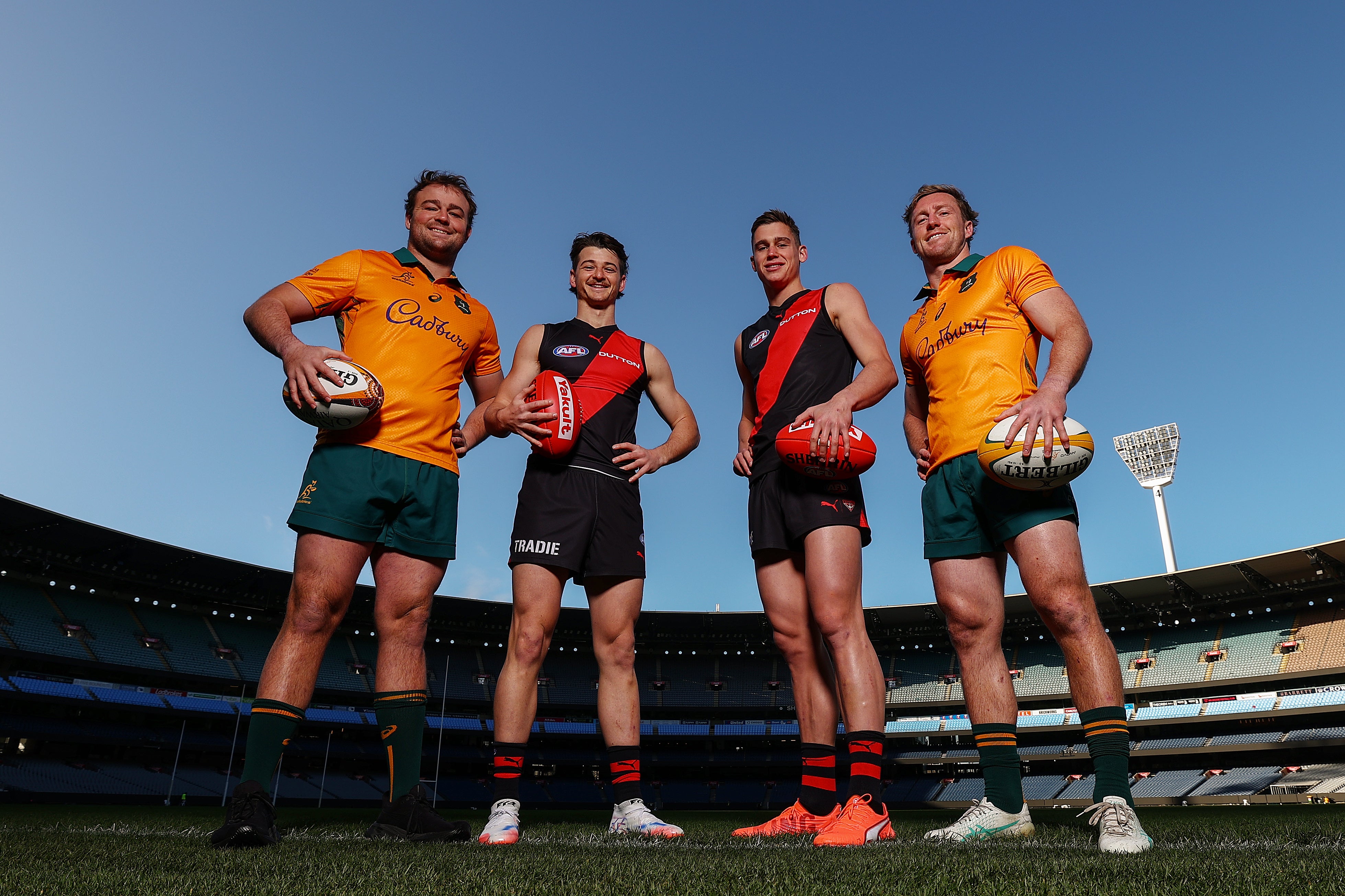 The Wallabies met up with AFL stars from the Essendon Bombers at the MCG ahead of the second Lions Test