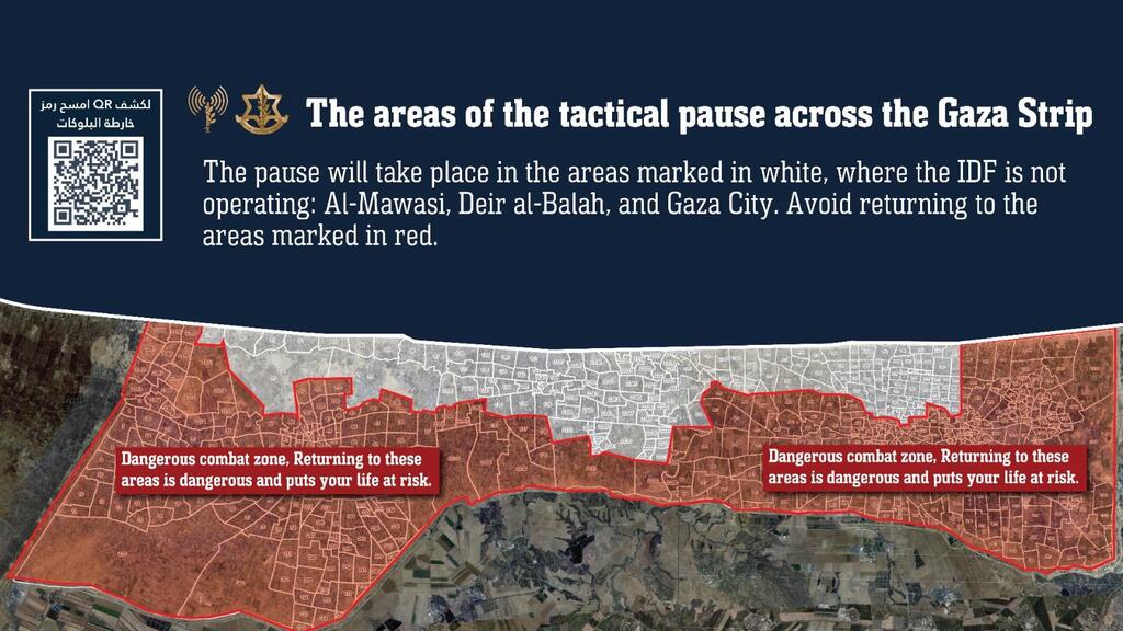 A map distributed by the IDF shows regions in Gaza designated for a daily tactical pause in military operations to allow the flow of humanitarian aid. The white-shaded areas, including Al-Mawasi, Deir al-Balah and Gaza City, are considered safe zones, while red-shaded areas remain active combat zones 