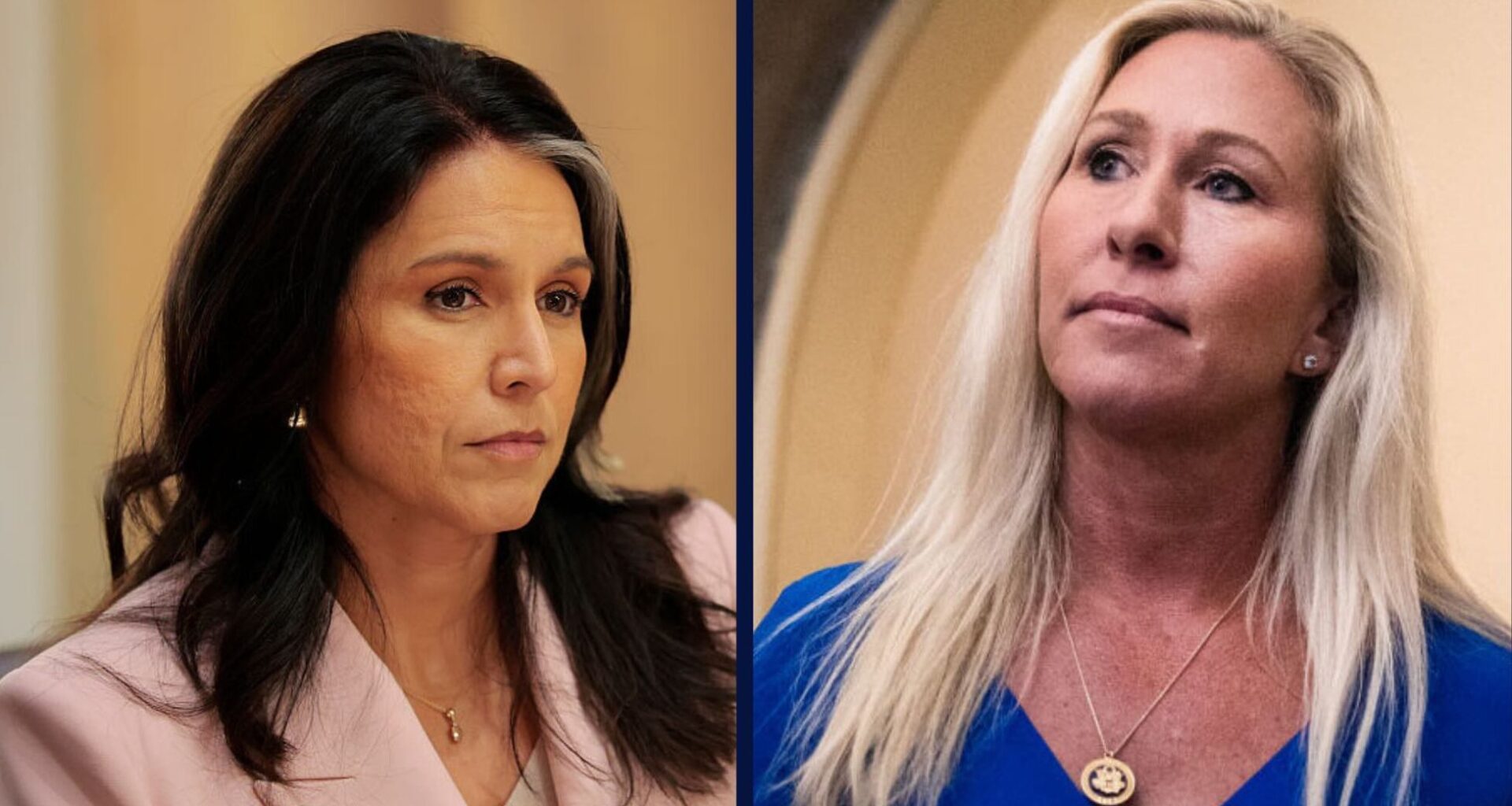 Noted Republicans DNI Tulsi Gabbarxd and Rep. Marjorie Taylor Greene both evoked conspiracy theories online this week. (Collage by Salon / Anna Moneymaker / Tom Williams / Getty Images)