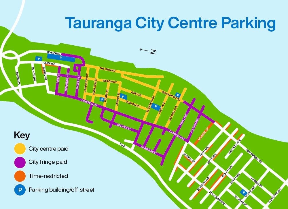 A map showing the new paid parking and time-limited areas in Tauranga. Image / Tauranga City Council