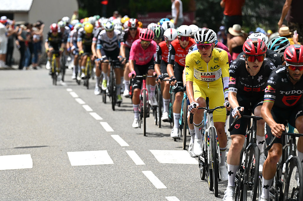 LUCHON-SUPERBAGNERES, FRANCE - JULY 19: Tadej Pogacar of Slovenia and UAE Team Emirates - XRG - Yellow leader jersey competes during the 112th Tour de France 2025, Stage 14 a 182.6km stage from Pau to Luchon-Superbagneres 1794m / #UCIWT / on July 19, 2025 in Luchon-Superbagneres, France. (Photo by Tim de Waele/Getty Images)