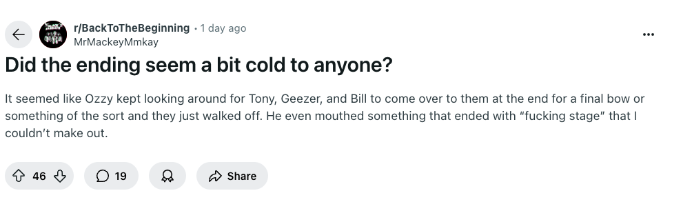Reddit post criticising the end of the Back To The Beginning show