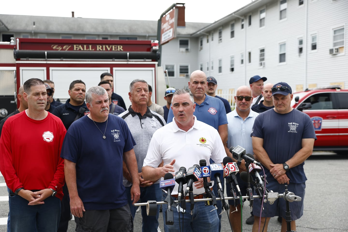 Edward Kelly, president of the International Association of Fire Fighters, holds a press conference in front of the Gabriel House Assisted Living Facility, the scene of a fatal fire, on July 14, 2025, in Fall River.  