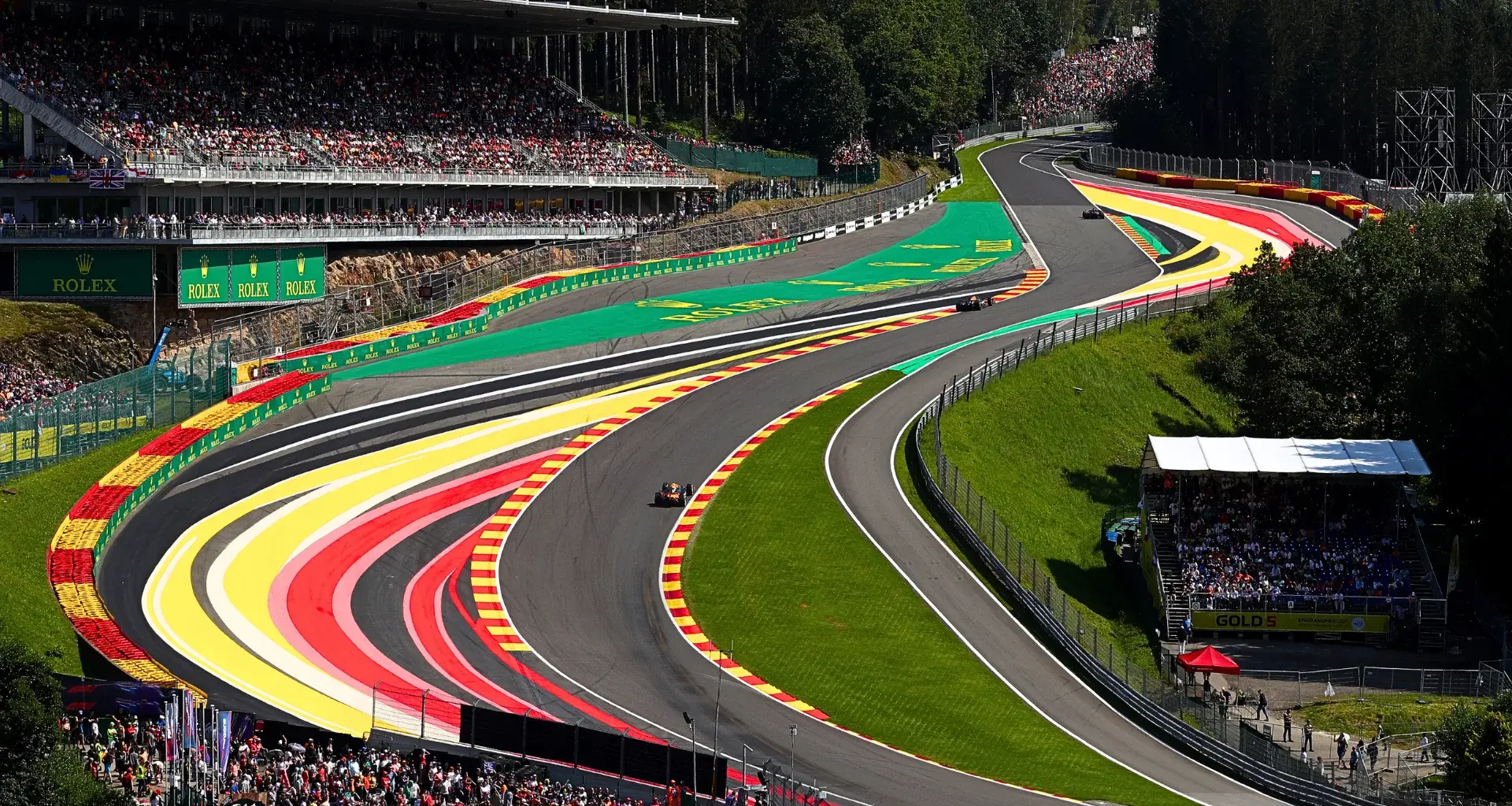 SPA, BELGIUM - AUGUST 28: A general view of the start of the race as cars make their way up Eau