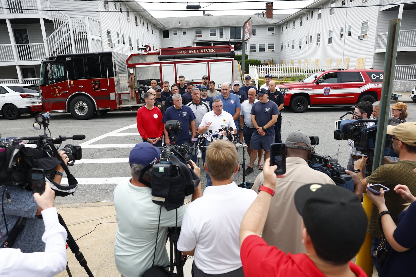 Edward Kelly, president of the International Association of Fire Fighters, holds a press conference in front of the Gabriel House Assisted Living Facility, the scene of a fatal fire, on July 14, 2025, in Fall River. 