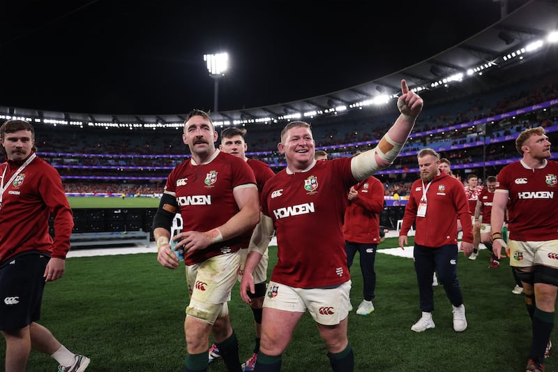 Jack Conan (left) and Tadhg Furlong celebrate the Lions' victory over Australia in Saturday's second Test at the Melbourne Cricket Ground. Photograph: Martin Keep/AFP via Getty Images