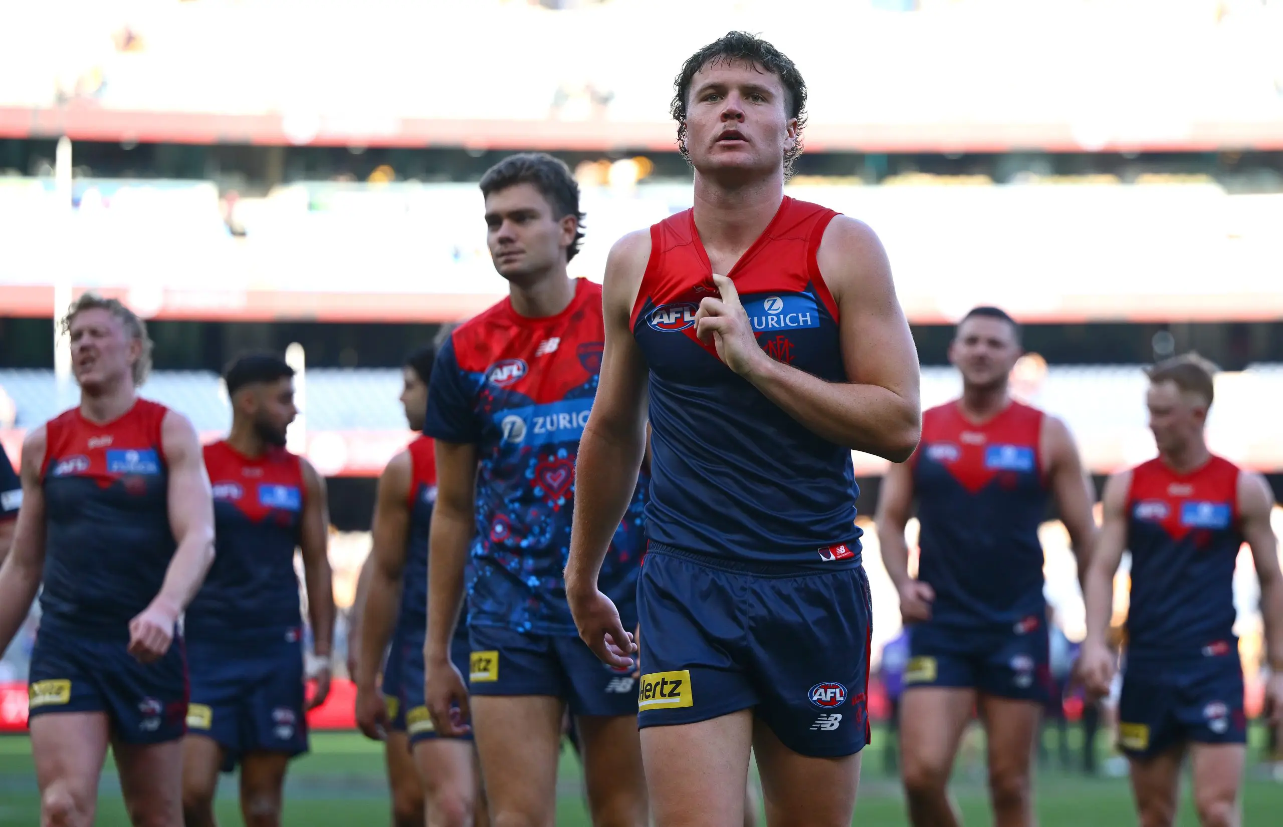 MELBOURNE, AUSTRALIA - MAY 10: Harvey Langford of the Demons looks dejected after losing the round nine AFL match between Melbourne Demons and Hawthorn Hawks at Melbourne Cricket Ground, on May 10, 2025, in Melbourne, Australia. (Photo by Quinn Rooney/Getty Images)