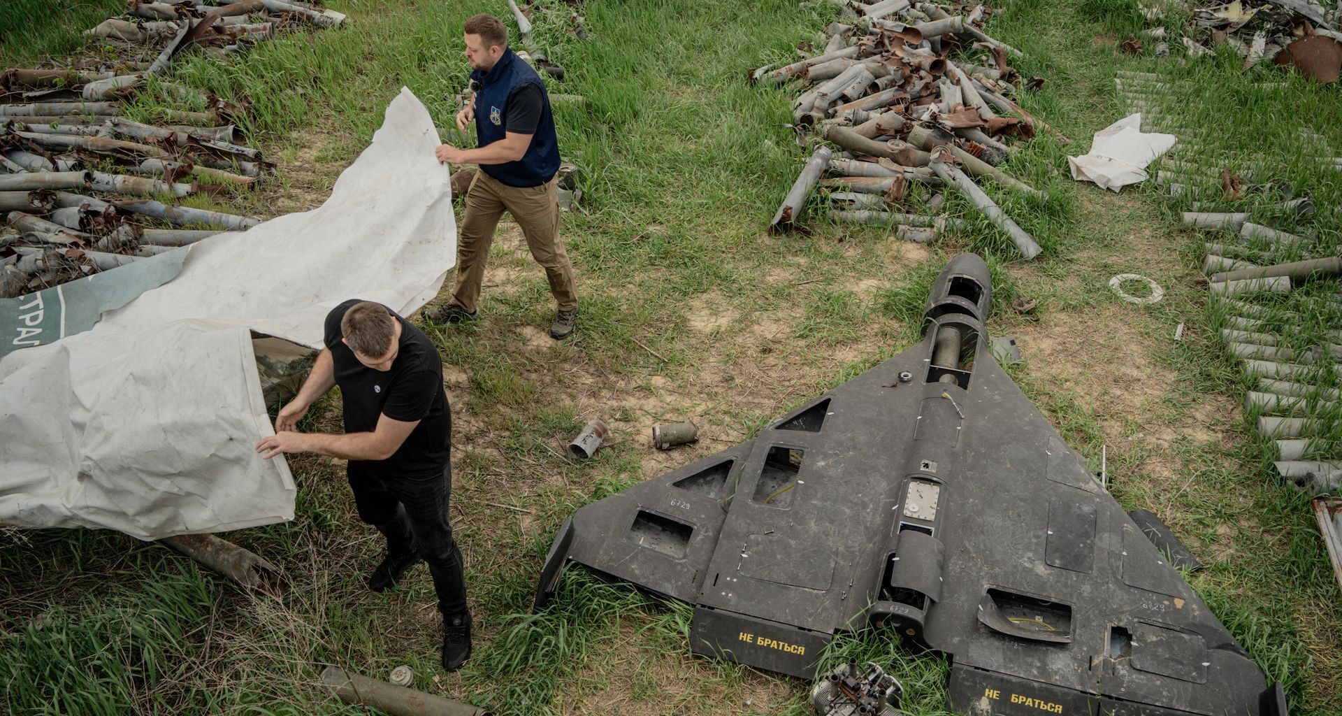 Soldiers of the 115th brigade air defense fire drones in the Lyman area, Donetsk Oblast, Ukraine, April 24, 2025.