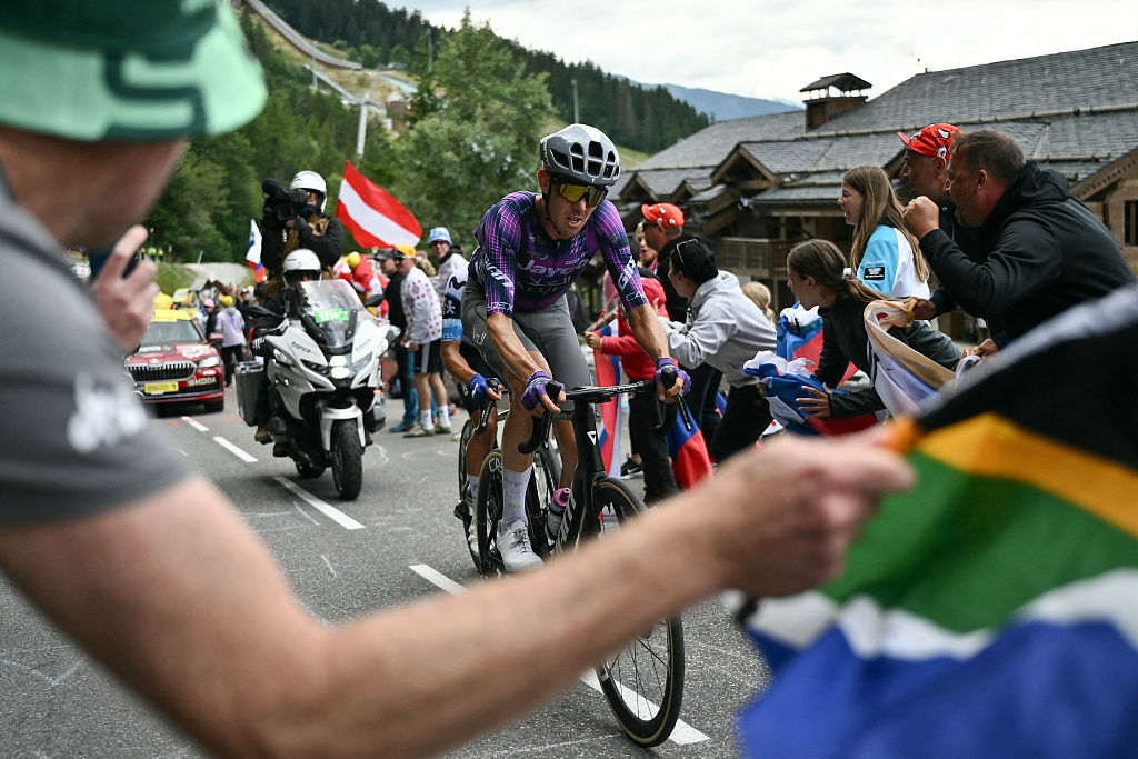 Team Jayco AlUla team's Australian rider Ben O'Connor cycles in a breakaway in the ascent of Col de la Loze during the 18th stage of the 112th edition of the Tour de France cycling race, 171.5 km between Vif and Courchevel Col de la Loze, in the Alps, southeastern France, on July 24, 2025. (Photo by Marco BERTORELLO / AFP) (Photo by MARCO BERTORELLO/AFP via Getty Images)