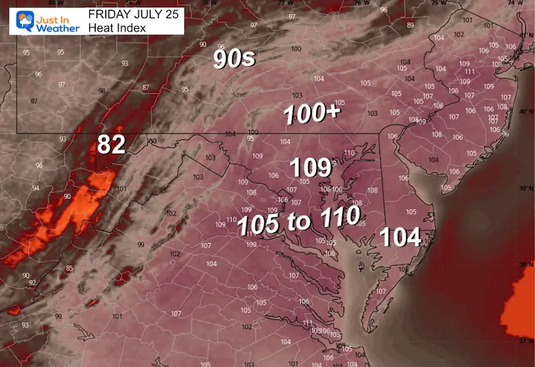 July 25 weather heat index Friday afternoon