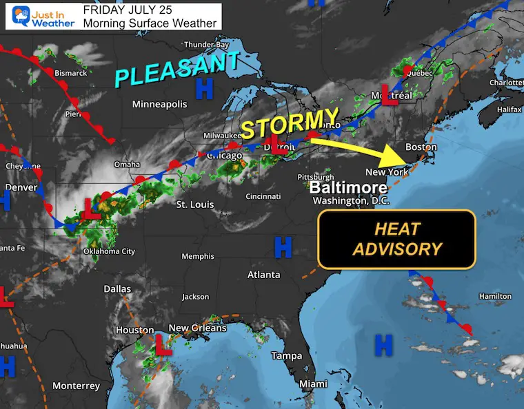 July 25 weather storm heat advisory Friday morning map