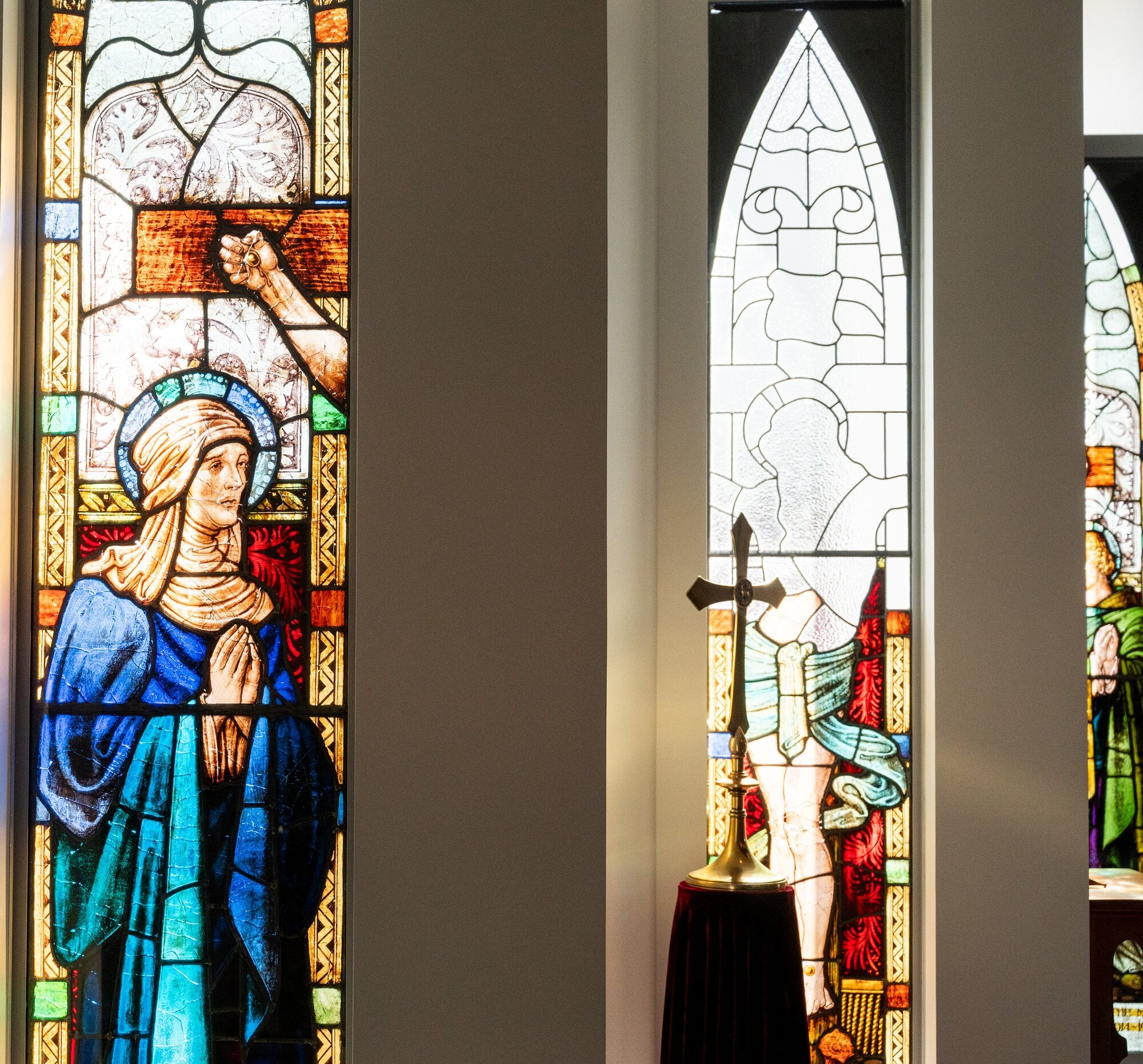  The three stained glass windows from the old chapel were restored after the fire and placed in the new Phyllis Carmichael Chapel in the Jordan Centre. Photo / Brydie Thompson