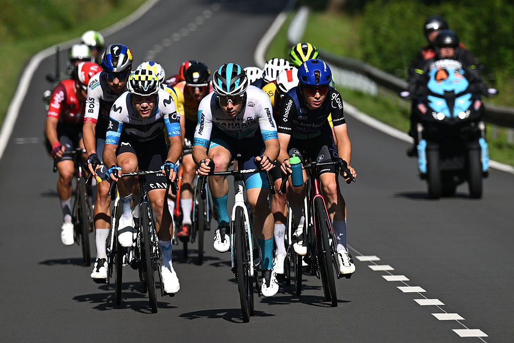 BERTRIX, BELGIUM - JULY 30: (L-R) Lorenzo Milesi of Italy and Team Movistar, Matevz Govekar of Slovenia and Team Bahrain - Victorious and David Haverdings of Netherlands and Team Baloise Glowi Lions compete in the breakaway during the 46th Tour de Wallonie 2025, Stage 5 a 183.3km stage from Bertrix to Bertrix on July 30, 2025 in Bertrix, Belgium. (Photo by Luc Claessen/Getty Images)