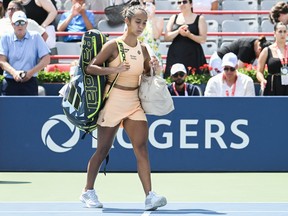 Leylah Fernandez walks off court following her first round match loss to Maya Joint at the National Bank Open in Montreal, Tuesday, July 29, 2025.