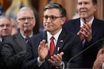 Speaker of the House Mike Johnson, R-La., is seen with other Republican House members after the passage of President Donald Trump's signature bill of tax breaks and spending cuts, at the Capitol in Washington, Thursday, July 3, 2025.