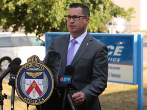 Toronto Police Homicide Det. Matthew Pinfold announced a 14-year-old suspect is wanted for Thursday's murder of 71-year-old Shahnaz Pestonji, at 33 Division, Friday, July 18, 2025.