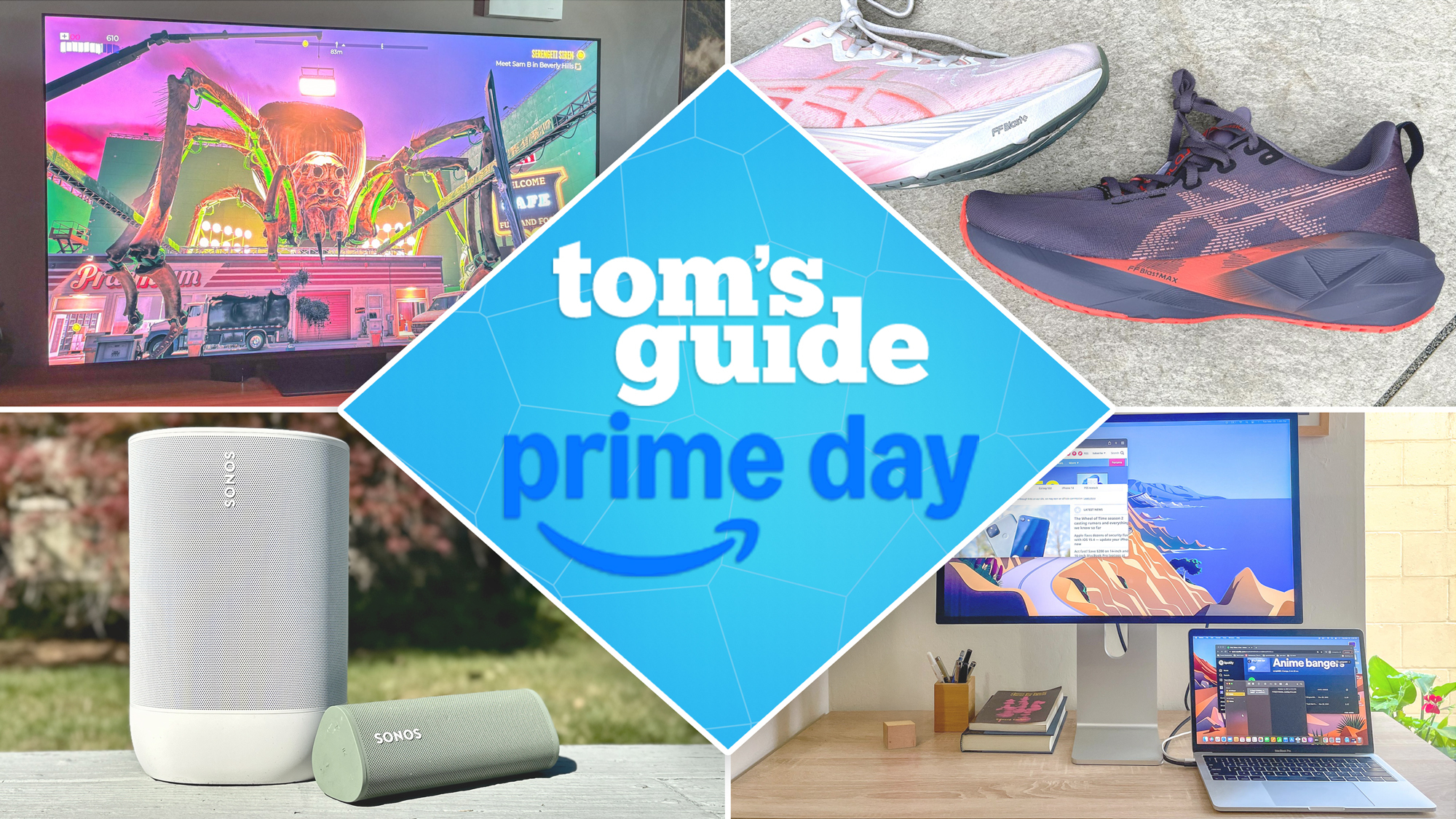 TV, Sonos speakers, sneakers, and Mac laptop