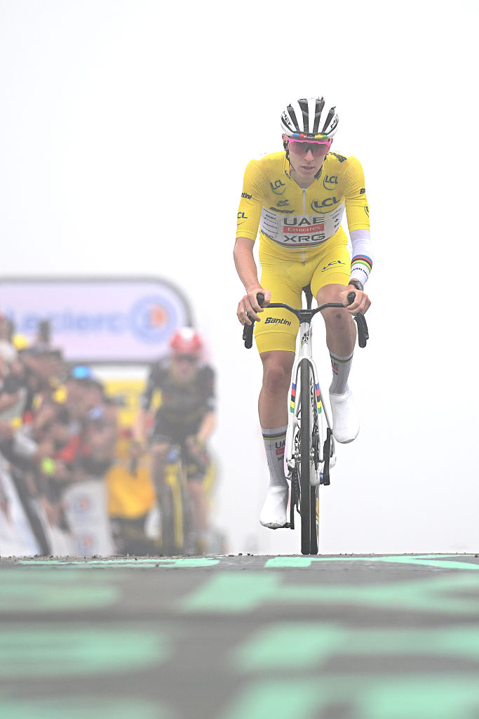 LUCHON-SUPERBAGNERES, FRANCE - JULY 19: Tadej Pogacar of Slovenia and UAE Team Emirates - XRG - Yellow leader jersey crosses the finish line during the 112th Tour de France 2025, Stage 14 a 182.6km stage from Pau to Luchon-Superbagneres 1794m / #UCIWT / on July 19, 2025 in Luchon-Superbagneres, France. (Photo by Dario Belingheri/Getty Images)