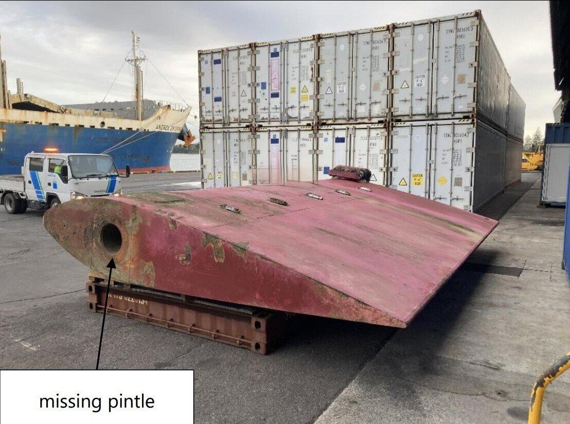  The pintle was missing from the detached rudder when it was retrieved. Image / Transport Accident Investigation Commission