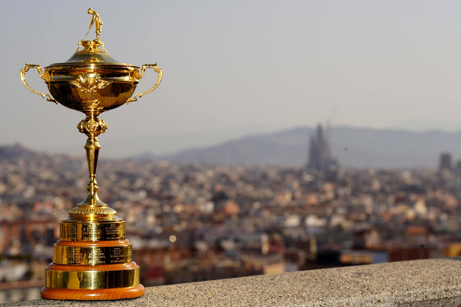BARCELONA, SPAIN - JUNE 26: The Ryder Cup on display from the terrace of the National Palace of Montjuic on June 26, 2025 in Barcelona. Camiral Golf & Wellness, Girona will host the 2031 Ryder Cup. (Photo by Phil Inglis/Getty Images)