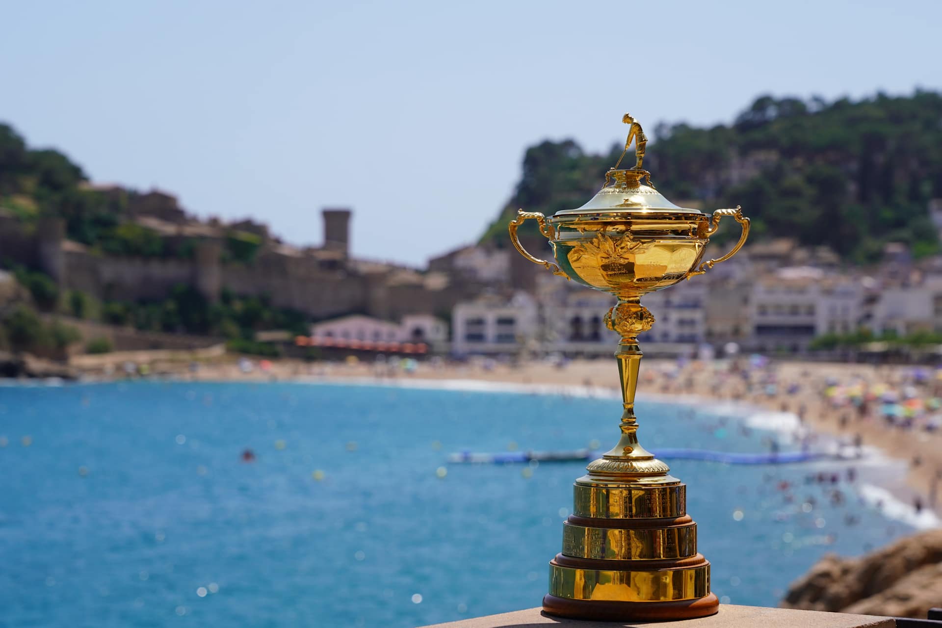 BARCELONA, SPAIN - JUNE 26: The Ryder Cup on display at Tossa de Mar on June 26, 2025 in Tossa de Mar, Costa Brava, Spain.  Camiral Golf & Wellness, Girona will host the 2031 Ryder Cup. (Photo by Phil Inglis/Getty Images)