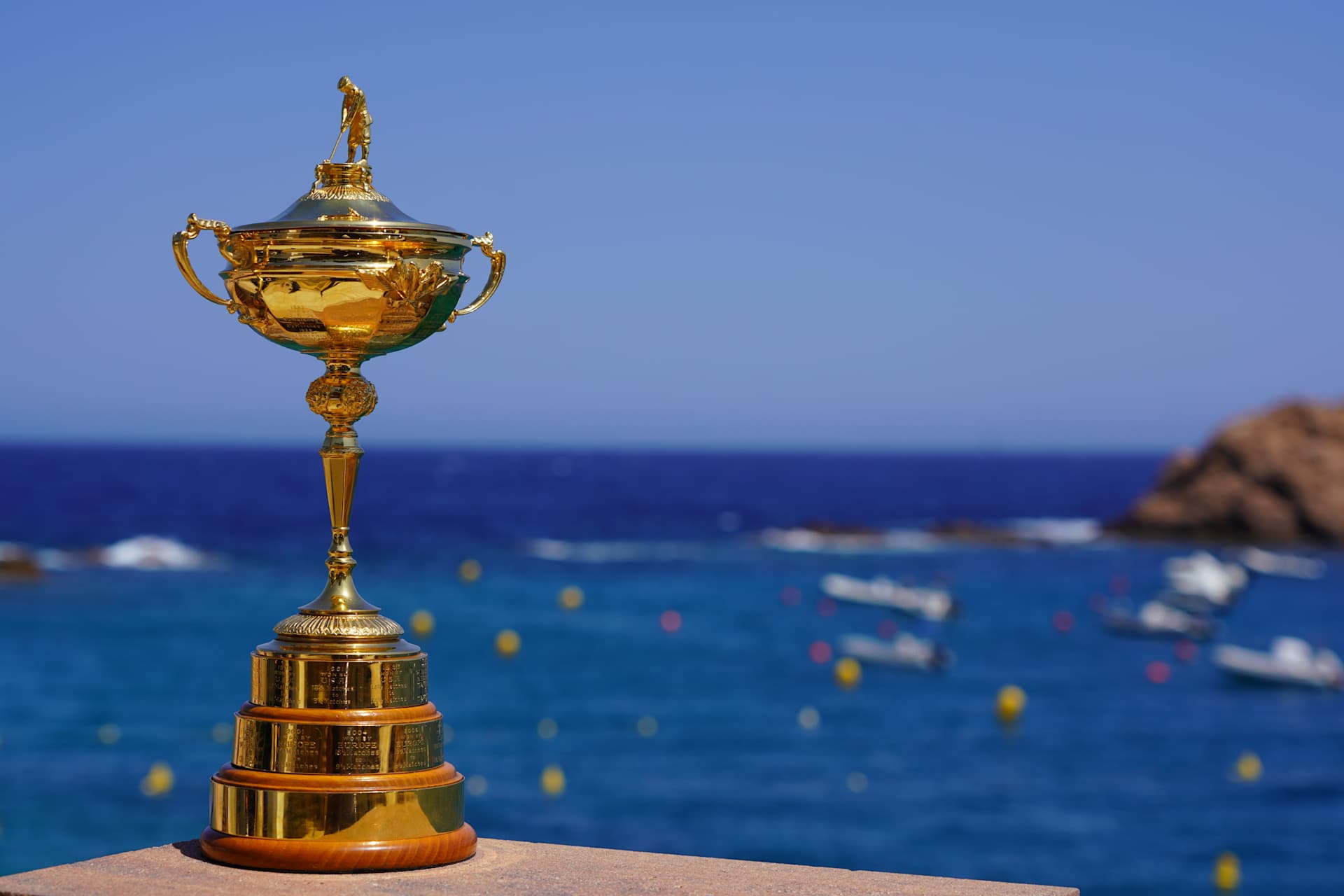 BARCELONA, SPAIN - JUNE 26: The Ryder Cup on display at Tossa de Mar on June 26, 2025 in Tossa de Mar, Costa Brava, Spain.  Camiral Golf & Wellness, Girona will host the 2031 Ryder Cup. (Photo by Phil Inglis/Getty Images)