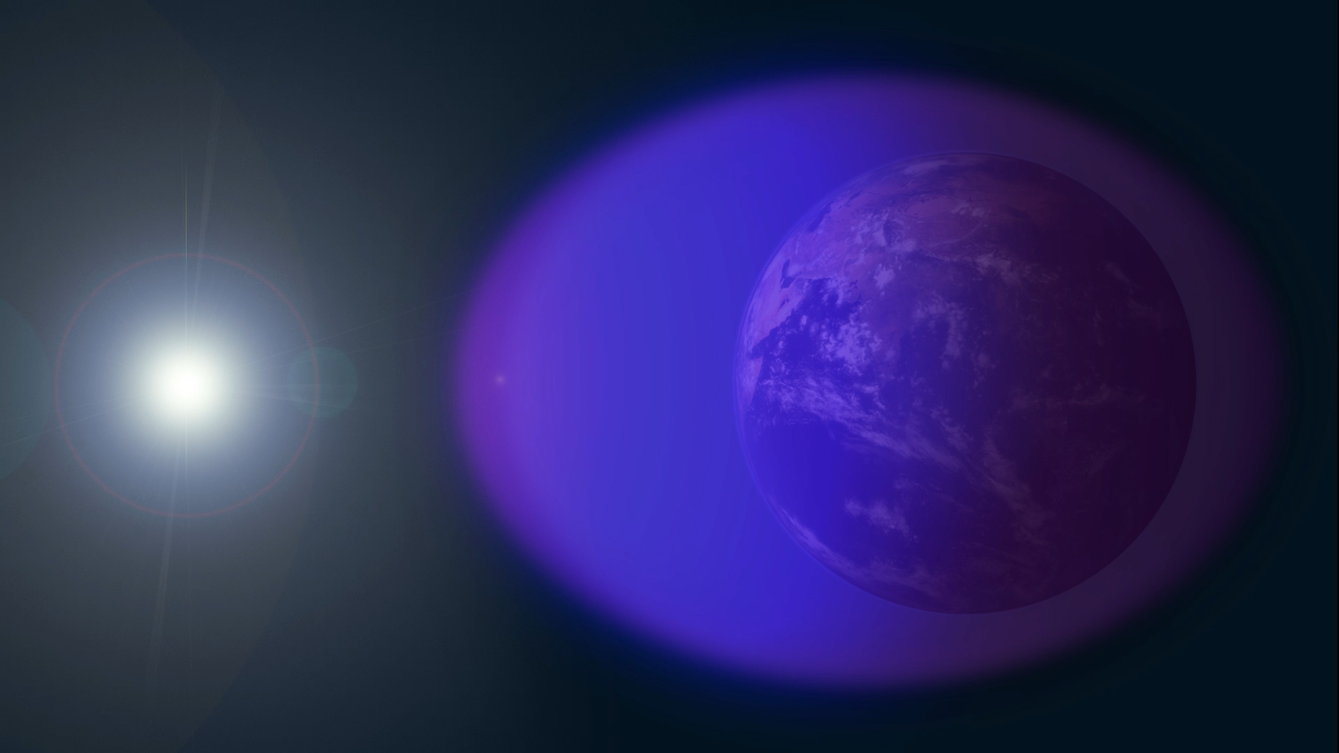 illustration of a gauzy purple egg-shaped structure — the ionosphere —around earth, with the sun in the background