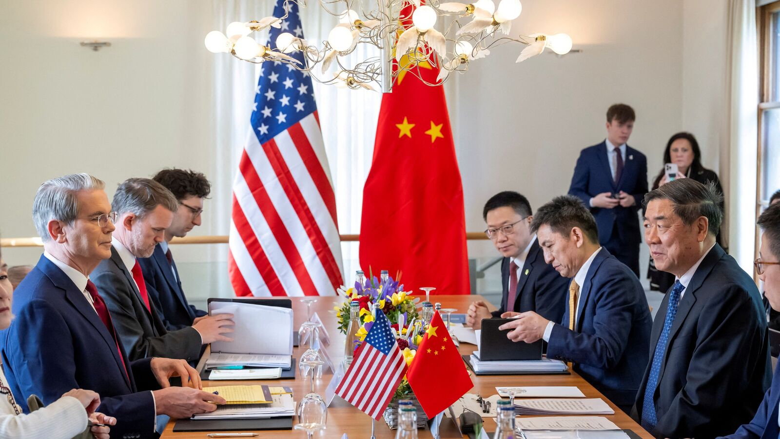 FILE PHOTO: U.S. Secretary of the Treasury Scott Bessent, U.S. Trade Representative Jamieson Greer, China's International Trade Representative and Vice Minister of Commerce Li Chenggang, and Chinese Vice Premier He Lifeng, prepare to discuss on the day of a bilateral meeting between the U.S. and China, in Geneva, Switzerland, May 10, 2025. KEYSTONE/EDA/Martial Trezzini/Handout via REUTERS