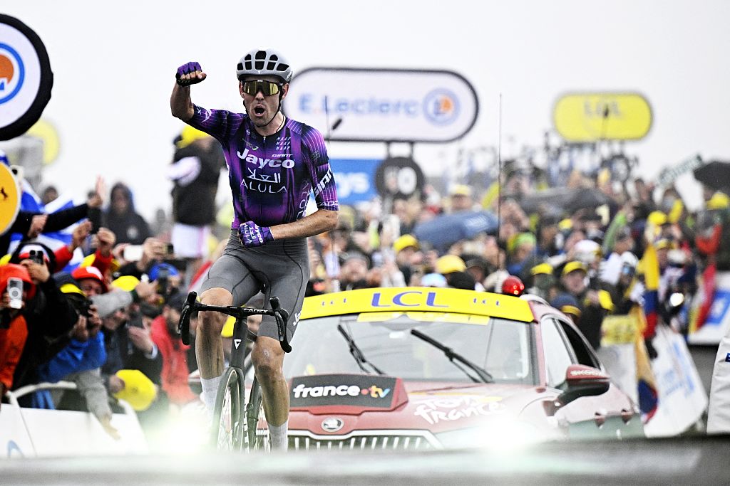 Australian Ben O'Connor of Team Jayco AlUla pictured crossing the finish line of the stage 18 of the 2025 Tour de France cycling race, from Vif to Courchevel Col de la Loze, on Thursday 24 July 2025 in France. The 112th edition of the Tour de France starts on Saturday 5 July in Lille, France, and will finish in Paris, France on the 27th of July.  BELGA PHOTO JASPER JACOBS (Photo by JASPER JACOBS / BELGA MAG / Belga via AFP)