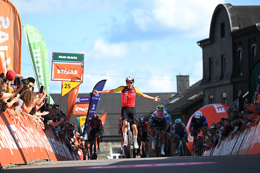 BERTRIX, BELGIUM - JULY 30: Clement Izquierdo of France and Team Cofidis celebrates at finish line as stage winner during the 46th Tour de Wallonie 2025, Stage 5 a 183.3km stage from Bertrix to Bertrix on July 30, 2025 in Bertrix, Belgium. (Photo by Luc Claessen/Getty Images)