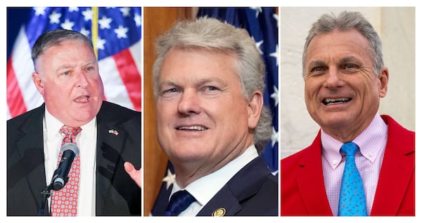 Georgia Insurance Commissioner John King (left), U.S. Rep. Mike Collins of Jackson (center) and U.S. Rep. Buddy Carter of St. Simons Island. Carter and Collins are Republican candidates for the U.S. Senate. King dropped out of the race last week. (AJC FILE)