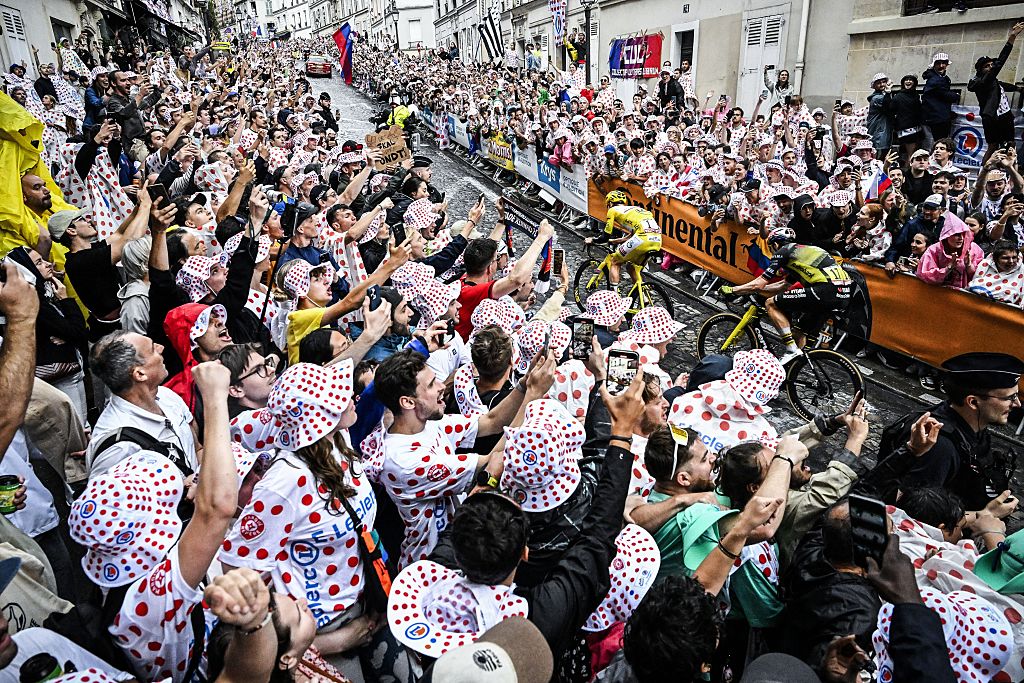 Slovenian Tadej Pogacar of UAE Team Emirates and Belgian Wout van Aert of Team Visma-Lease a Bike pictured in action on the Montmartre climb during stage 21 of the 2025 Tour de France cycling race, from Mantes-la-Ville to Paris (120km), on Sunday 27 July 2025 in France. The 112th edition of the Tour de France starts on Saturday 5 July in Lille, France, and will finish in Paris, France on the 27th of July. BELGA PHOTO JASPER JACOBS (Photo by JASPER JACOBS / BELGA MAG / Belga via AFP)