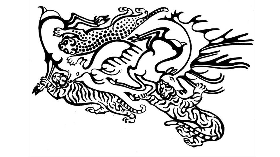 black-and-white line drawing of a tattoo of fantastical animals