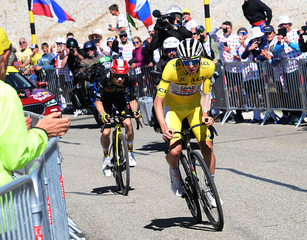MONT VENTOUX, FRANCE - JULY 22: Tadej Pogacar of Slovenia and UAE Team Emirates - XRG - Yellow leader jersey competes climbing to the Mont Ventoux (1902m) during the 112th Tour de France 2025, Stage 16 a 171.5km stage from Montpellier to Mont Ventoux 1902m / #UCIWT / on July 22, 2025 in Mont Ventoux, France. (Photo by Bernard Papon - Pool/Getty Images)
