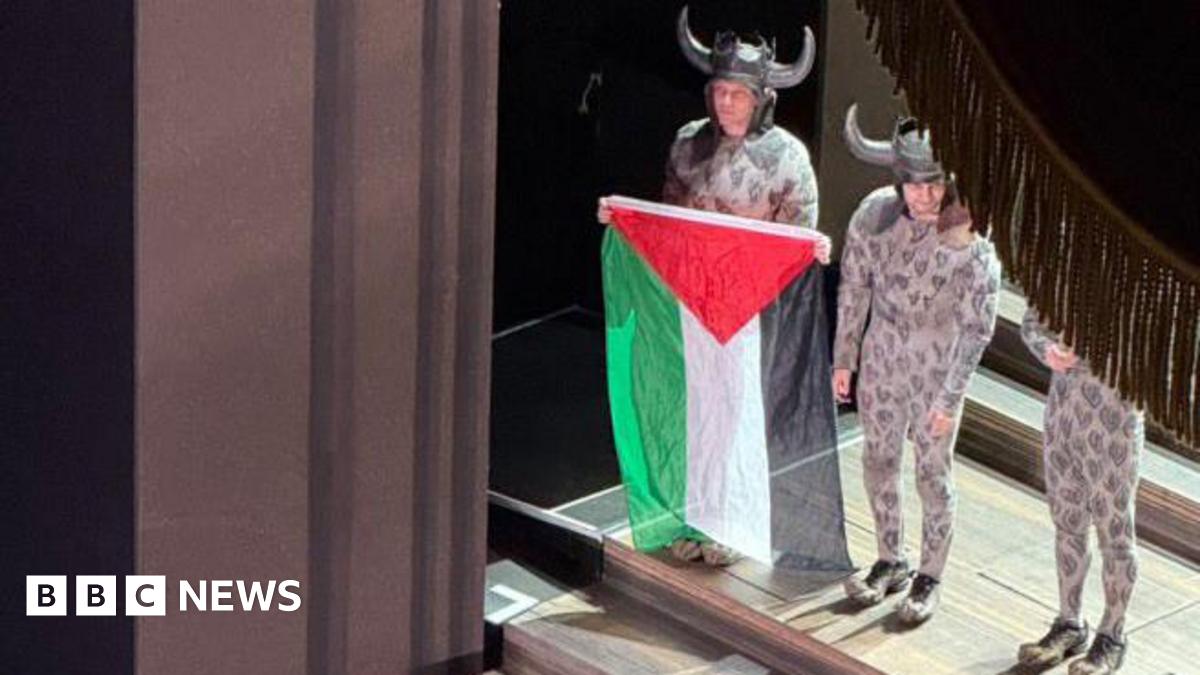 A performer dressed in a military costume with Viking horns holds a large Palestine flag on a stage at the Royal Opera House