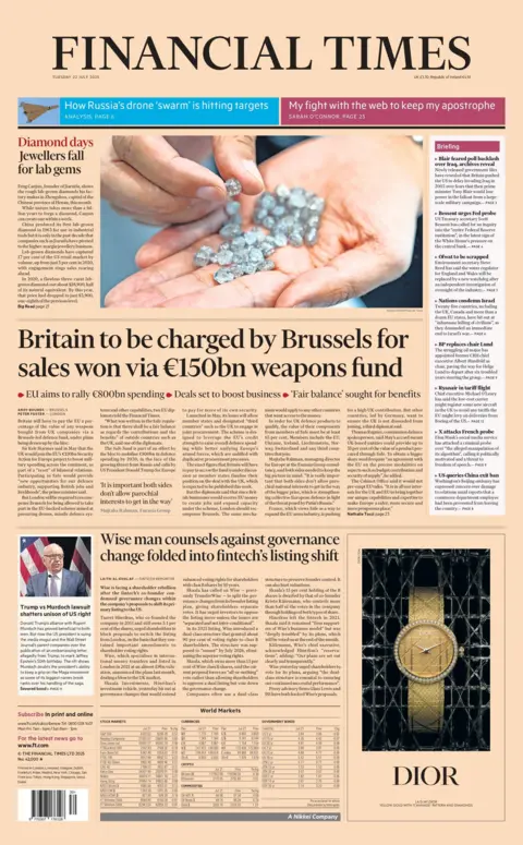The headline on the front page of the Financial Times reads: "Britain to be charged by Brussels for sales won via €150bn weapons fund". 