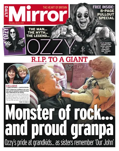 The headline on the front page of the Daily Mirror reads: "Monster of rock... and proud grandpa". 