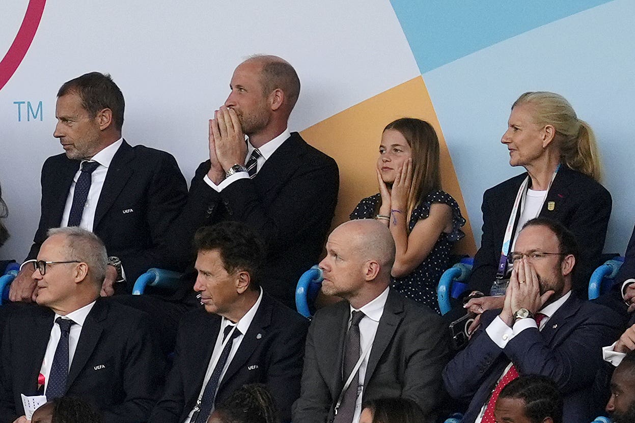 The Prince of Wales (centre left) and Princess Charlotte react as Spain’s Mariona Caldentey scores in Sunday’s final (Nick Potts/PA)