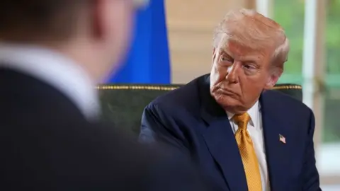 Getty Images Donald Trump, dressed in a suit, in a meeting with Ursula Von der Leyen of the EU at Turnberry Golf Club in Scotland