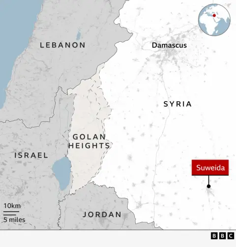 A BBC map showing Syria, Israel, the occupied Golan Heights and Suweida city