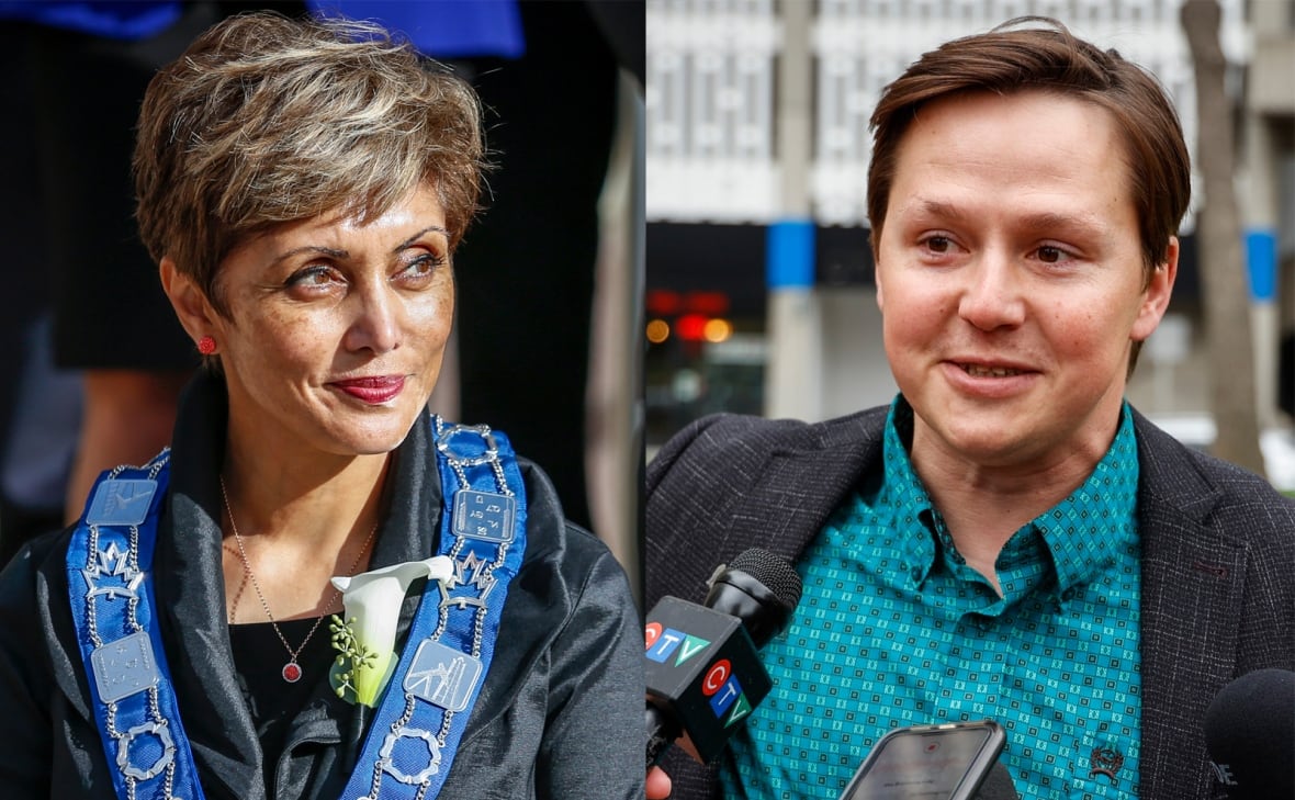 A composite image of two people, a man and a woman.