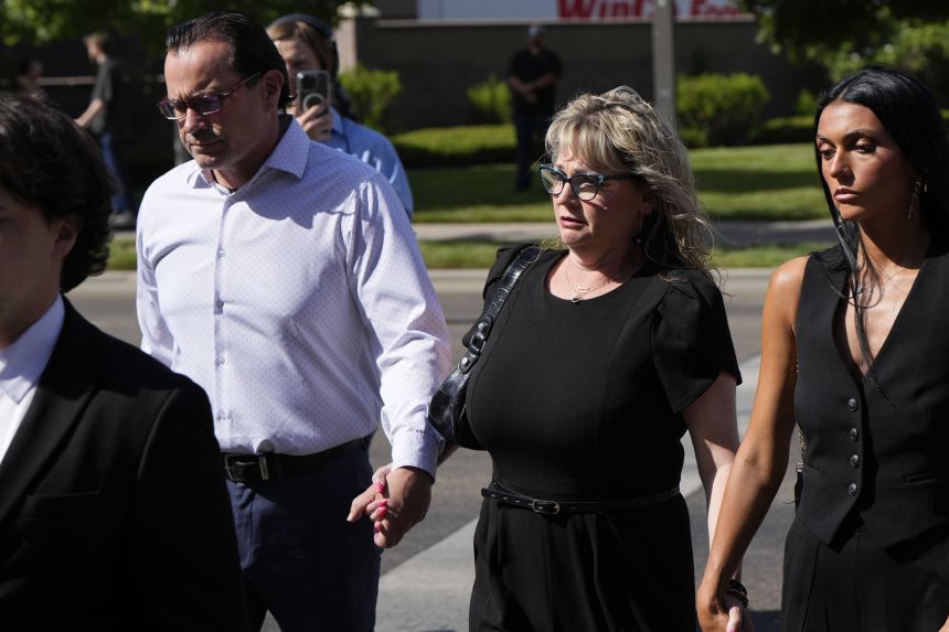 The mother of Kaylee Goncalves, Kristi Goncalves, second from right, walks with family members, including Steve Goncalves, left, to the Ada County Courthouse for Bryan Kohberger's plea deal hearing on July 2 in Boise.