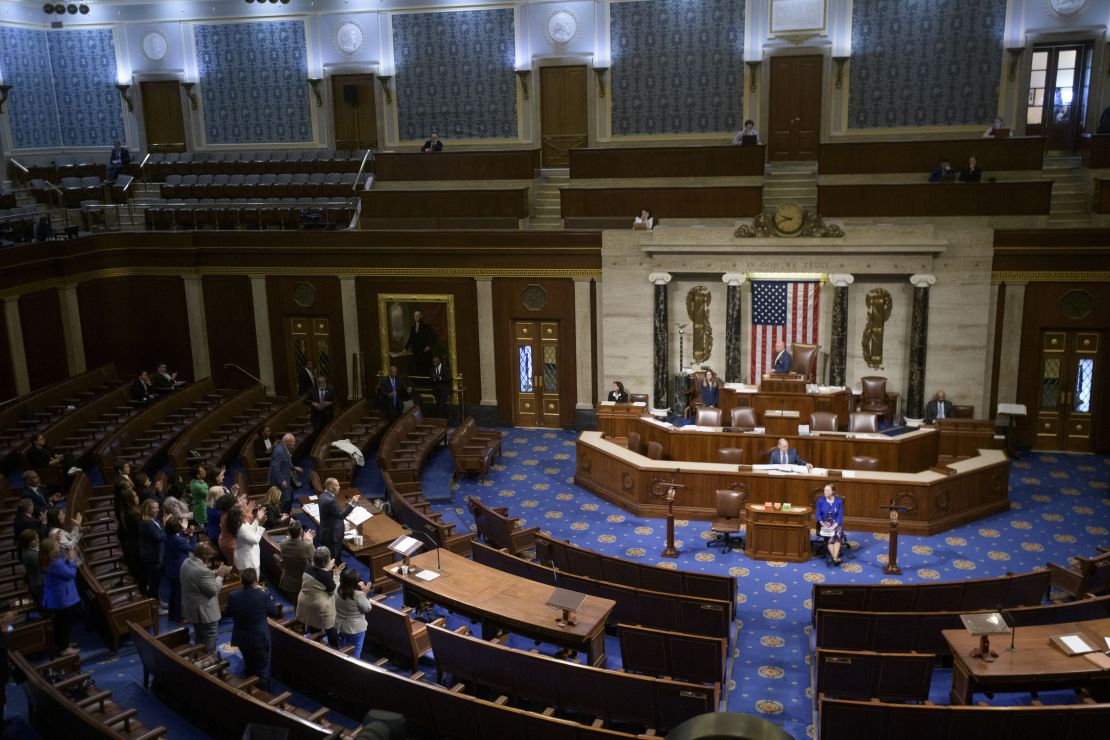 Jeffries speaks in the House chamber as Democrats stand to applaud him prior to the final vote for President Donald Trump's budget bill on July 3.