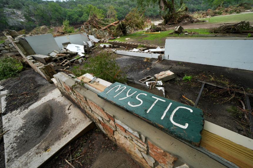 A Camp Mystic sign is seen near the entrance to the establishment along the banks of the Guadalupe River in Hunt, Texas, Saturday, July 5, 2025, after a flash flood swept through the area.