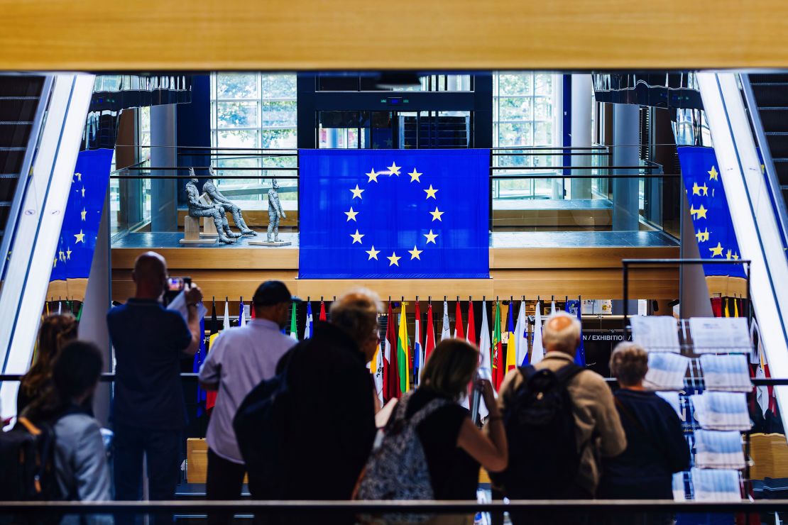 A group of visitors stands in the European Parliament building in Strasbourg, France, on Tuesday, July 8, 2025.