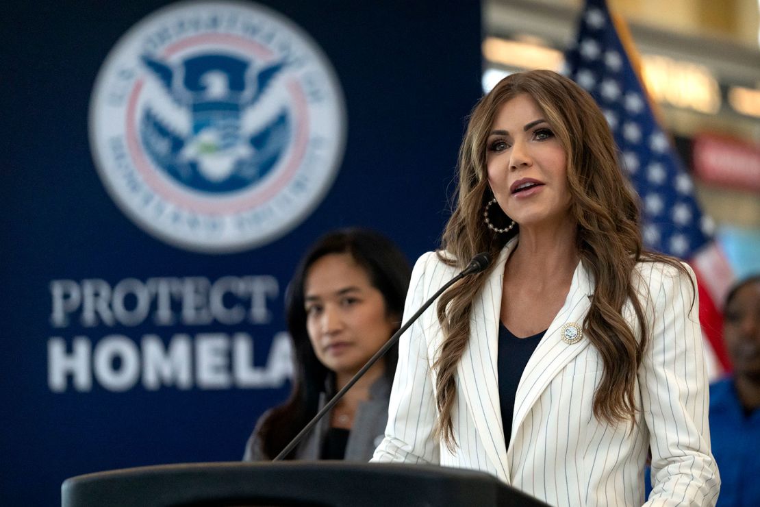 Homeland Security Secretary Kristi Noem speaks during a news conference where she announced that most airline passengers will no longer have to remove their shoes at security checkpoints on Tuesday, July 8, 2025, at Reagan National Airport in Washington. (AP Photo/Mark Schiefelbein)