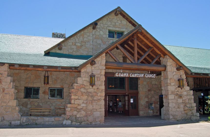 This undated photo provided by the National Park Service shows the historic Grand Canyon Lodge's front entrance with a sloped roof, huge ponderosa beams and massive limestone facade, on the North Rim of Grand Canyon, in northern Arizona on July 14, 2025.